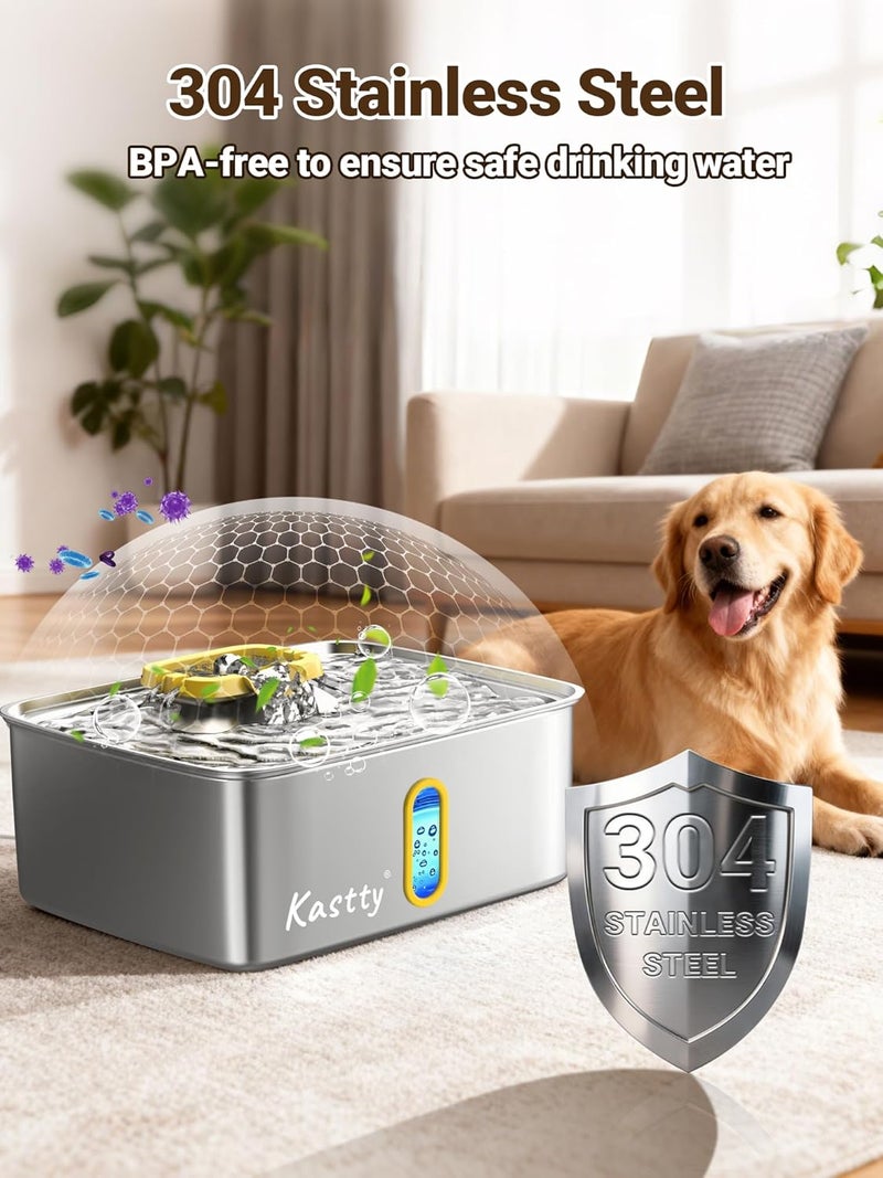 Kastty 4 Gal Dog Water Fountain for Large Dogs, 15L Stainless Steel Pet Water Fountain, QuietTriple Filtration Dog Water Bowl Dispenser with Water Level Window and LED Light Easy Clean(FS78,Yellow) - Image 3